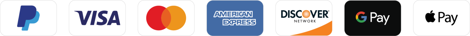 Accepted: PayPal, Visa, Mastercard, American Express, Discover, Google Pay, Apple Pay